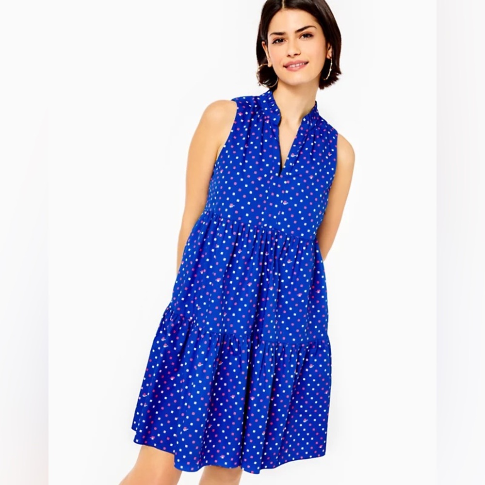 NWT Lilly Pulitzer Novella Cotton Dress Borealis Blue Lilly Squared Sz Medium